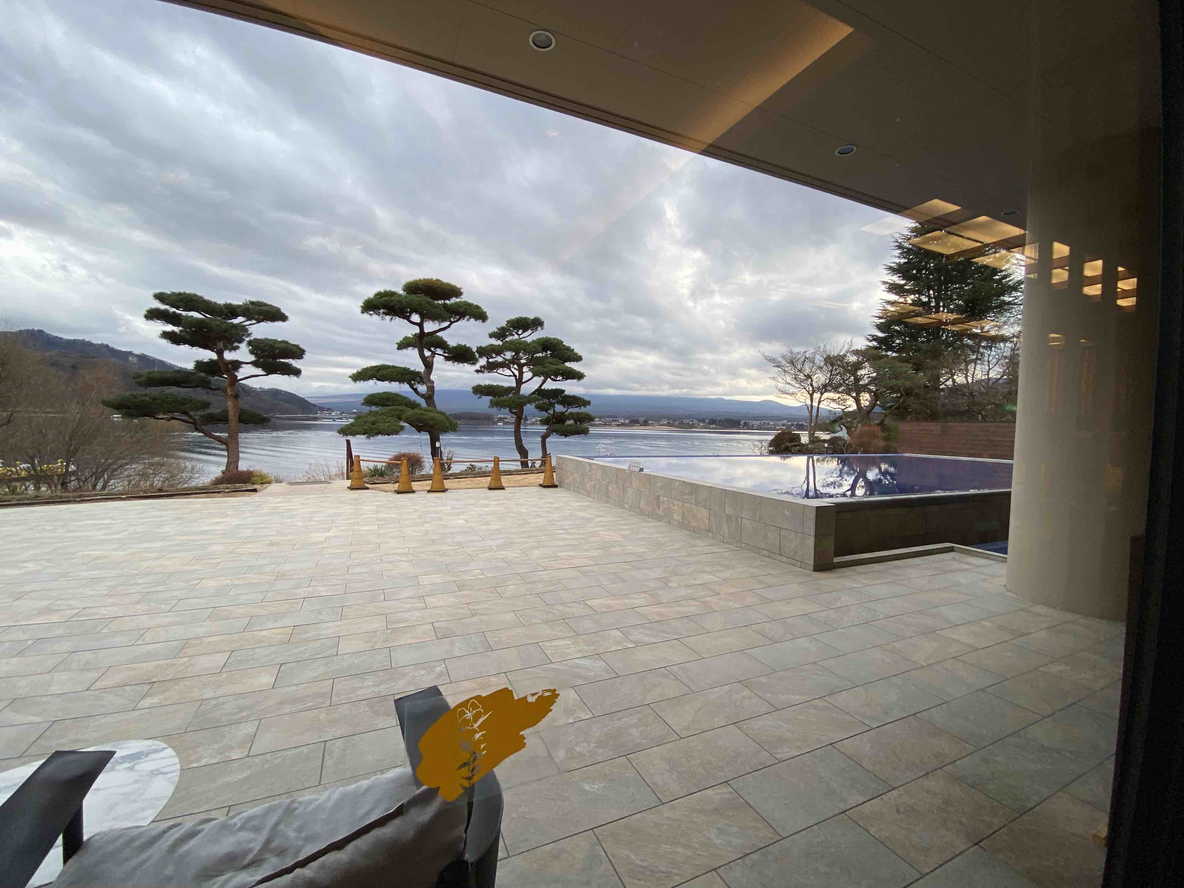 Common hotel area, overlooking lake kawaguchi